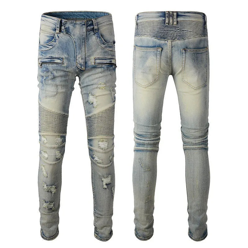 Light blue men's slim fit jeans with hand-frayed distressing and beggar-style details