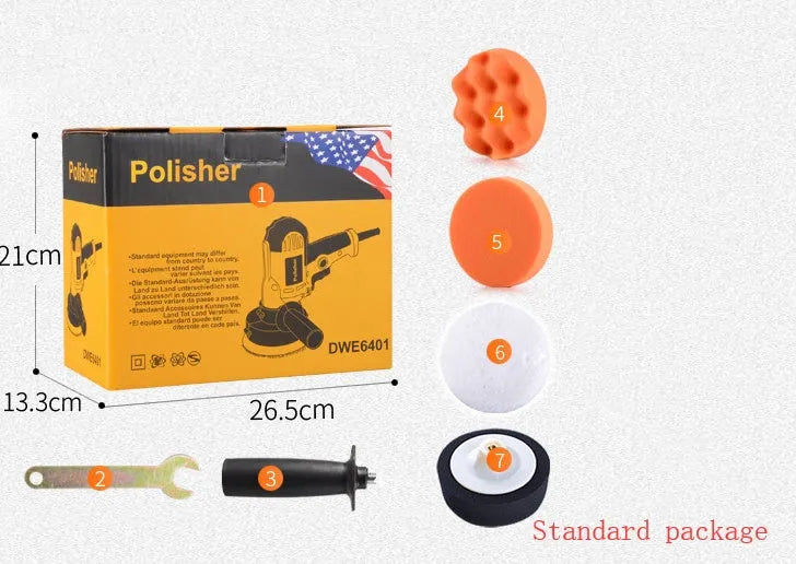 Yellow automotive polishing machine with 125mm disc on a workbench