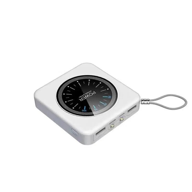 Compact alloy mini clock power bank charger in mint green with multiple USB output ports.