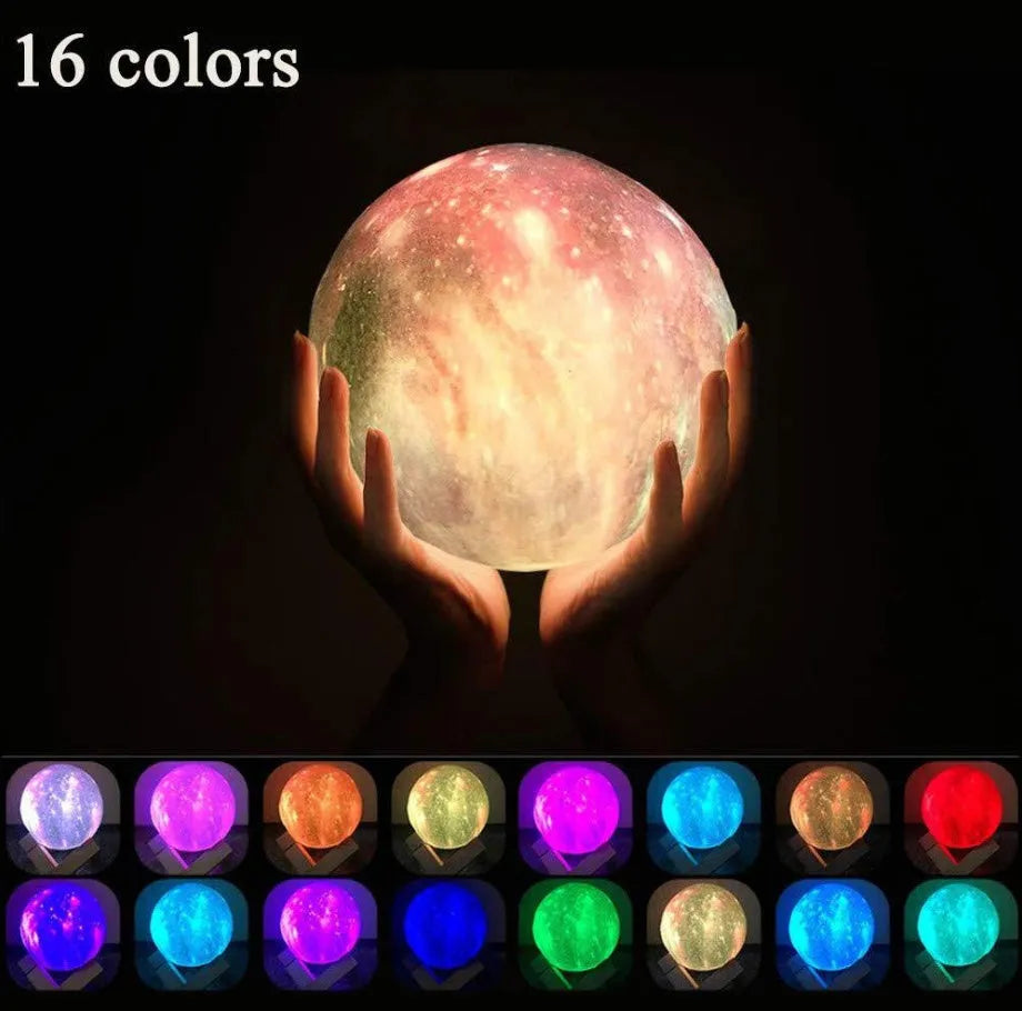 3D printed spherical moon night light with colour changing LED glow on a dark surface.