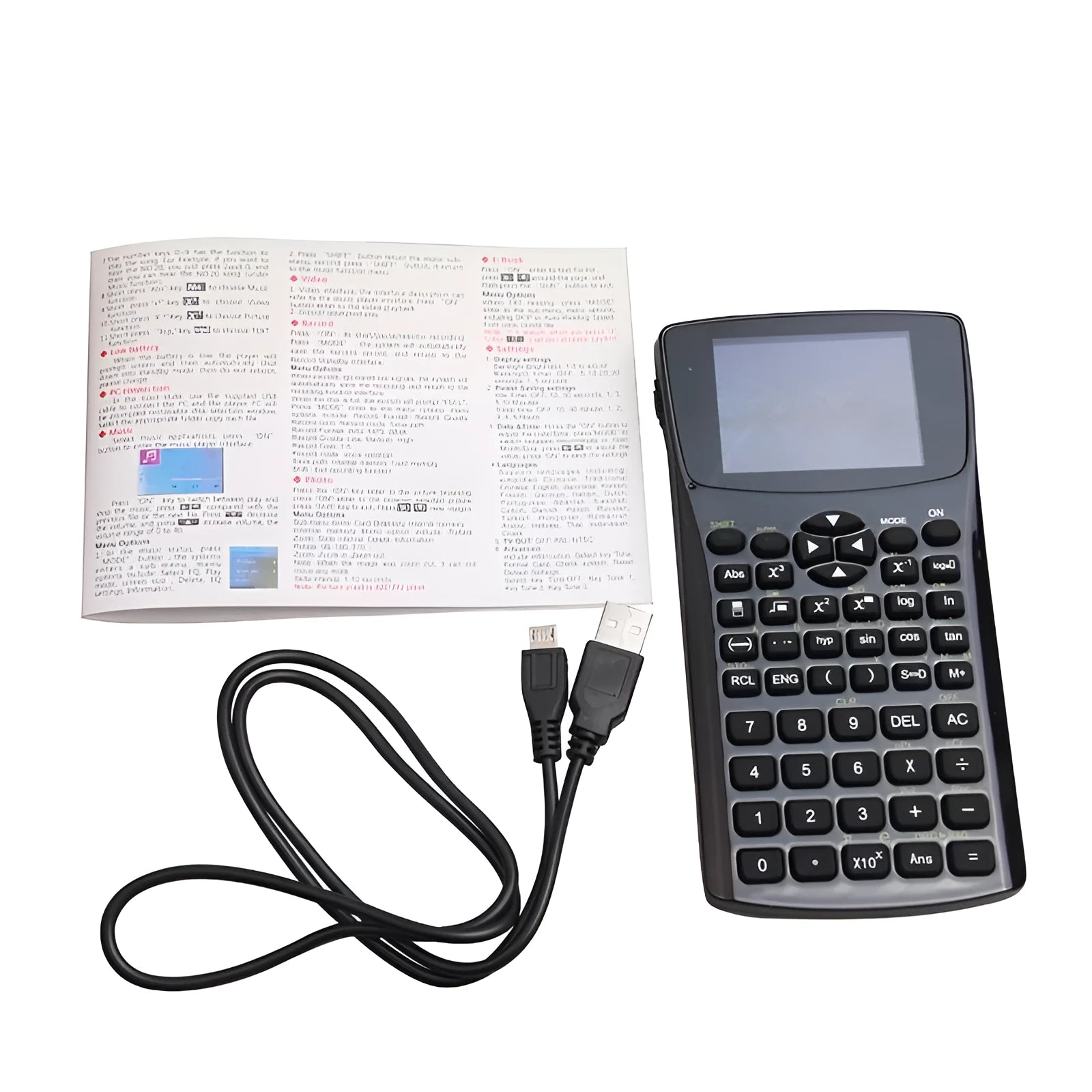 Black multifunctional e-book reader with 2.8cm screen showing multiple language options and attached adjustable strap