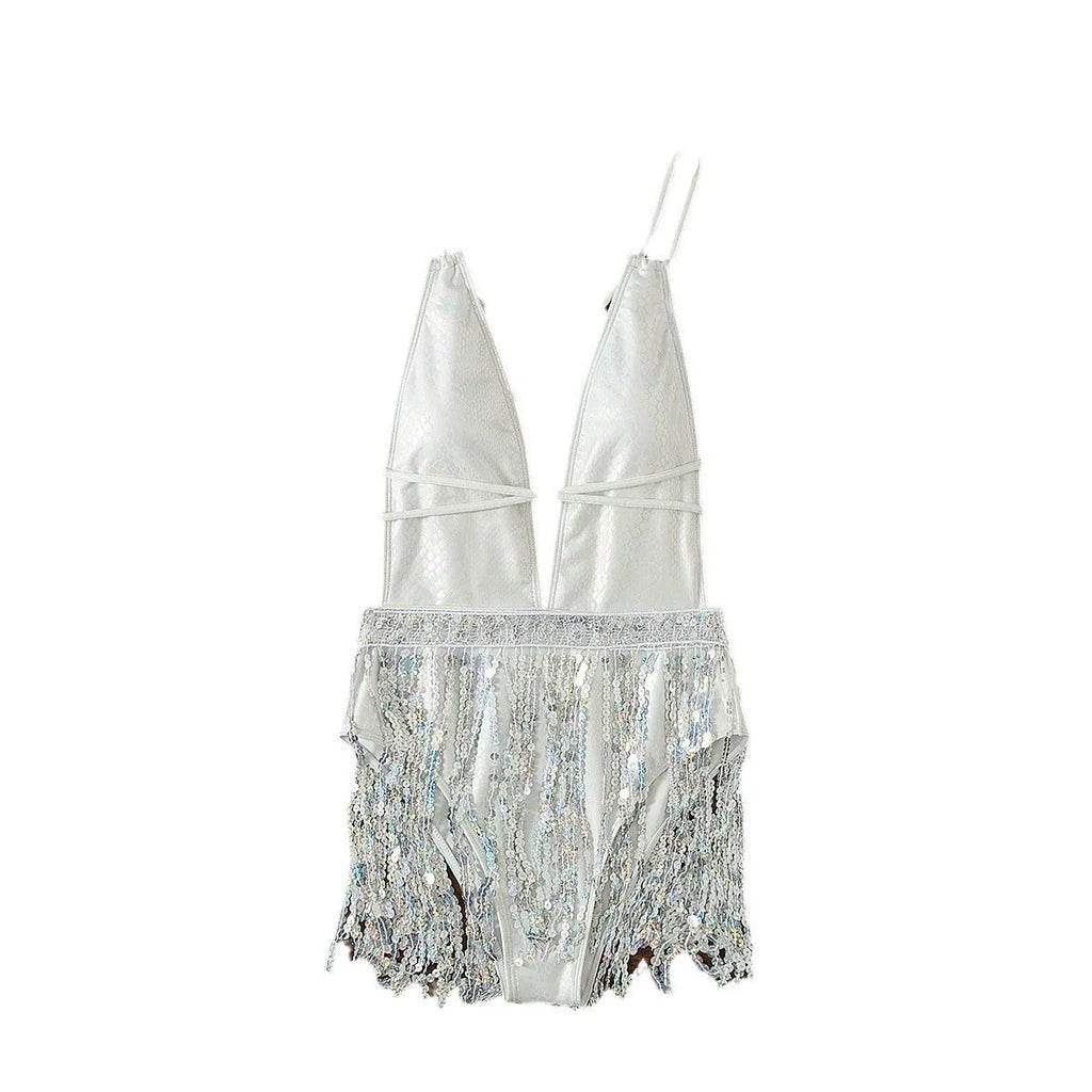 White women's one-piece swimsuit with deep V neckline and tassel decoration
