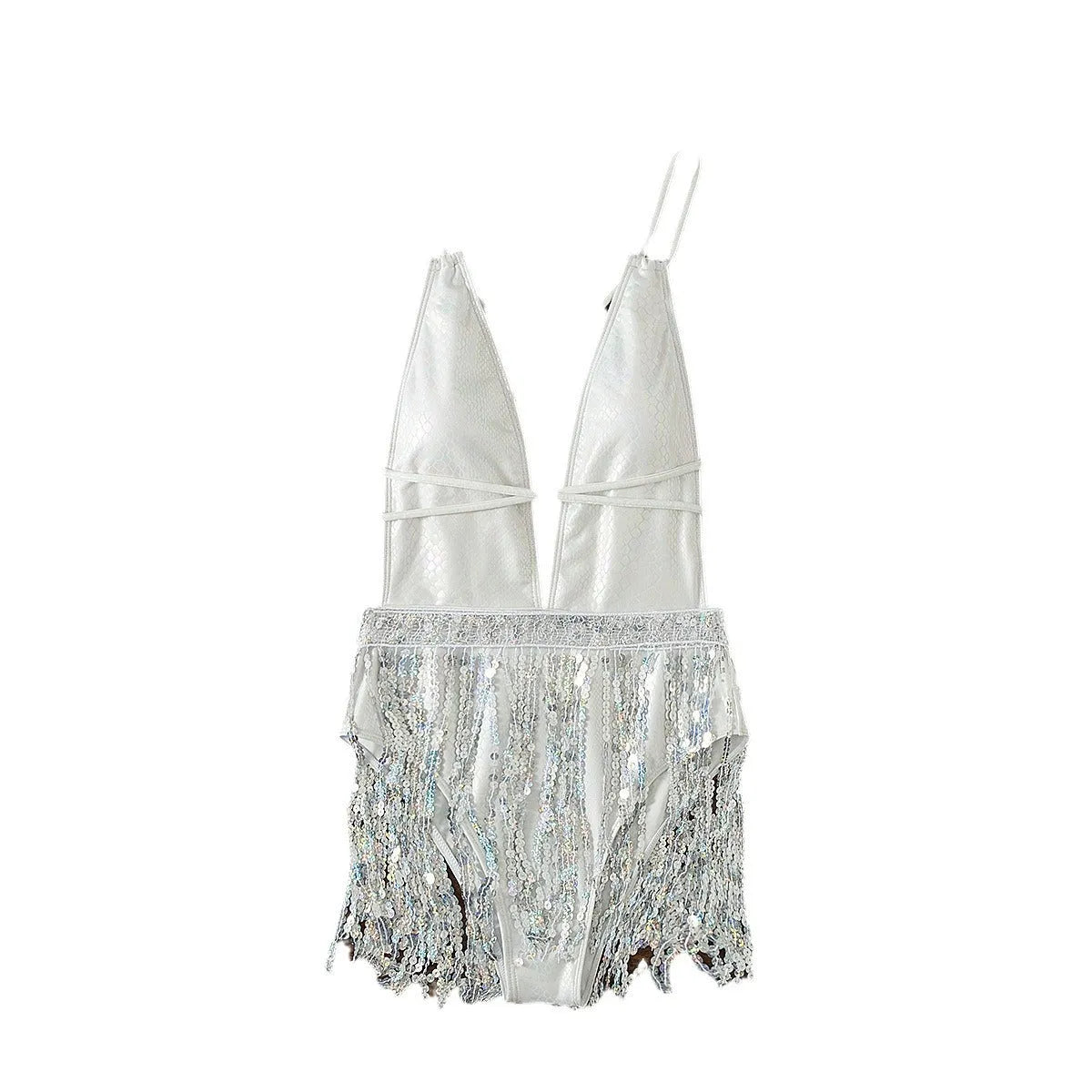 White women's one-piece swimsuit with deep V neckline and tassel decoration