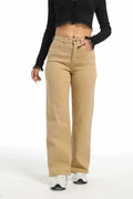 Women's straight wide leg jeans in apricot colour with high waist design