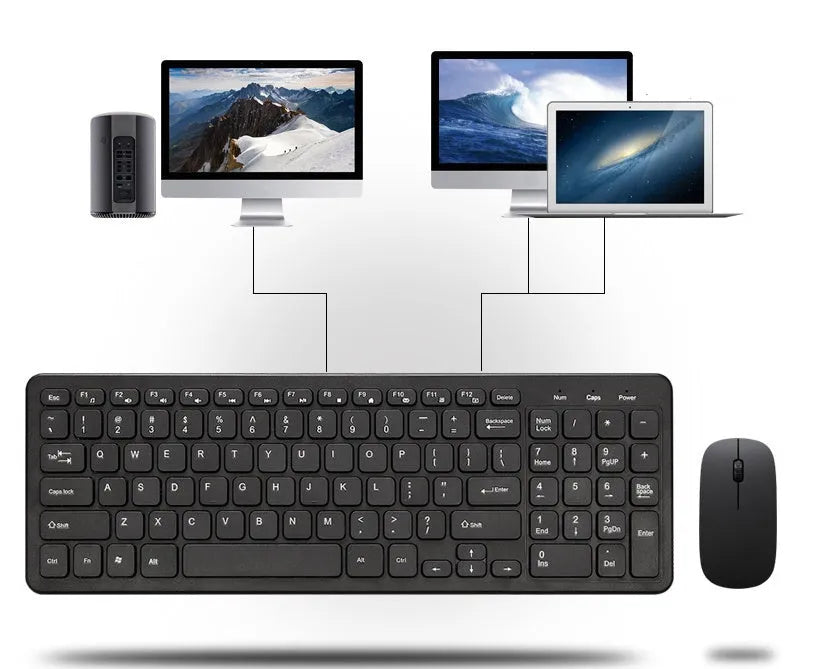 Black wireless keyboard and mouse set with 96 chocolate-style keys and a compact mouse on a desk.