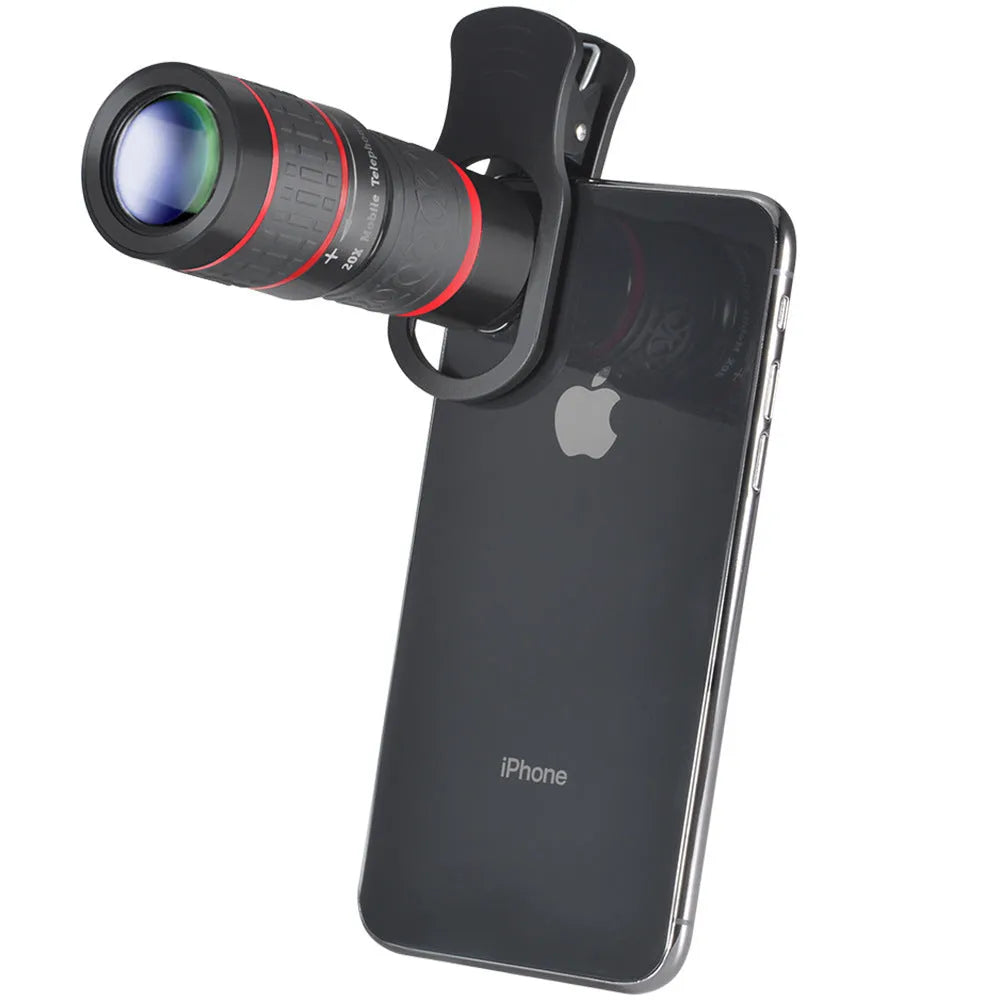 20x magnification smartphone telescope with universal mounting clip and single eye mask.