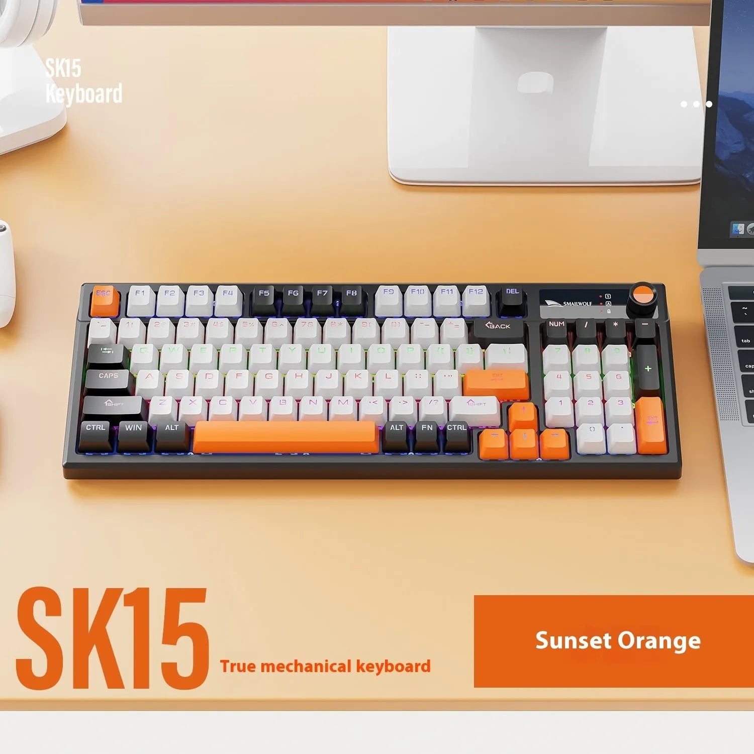 SK15 wired mechanical keyboard with control knob in Sunset Orange colour on a desk.