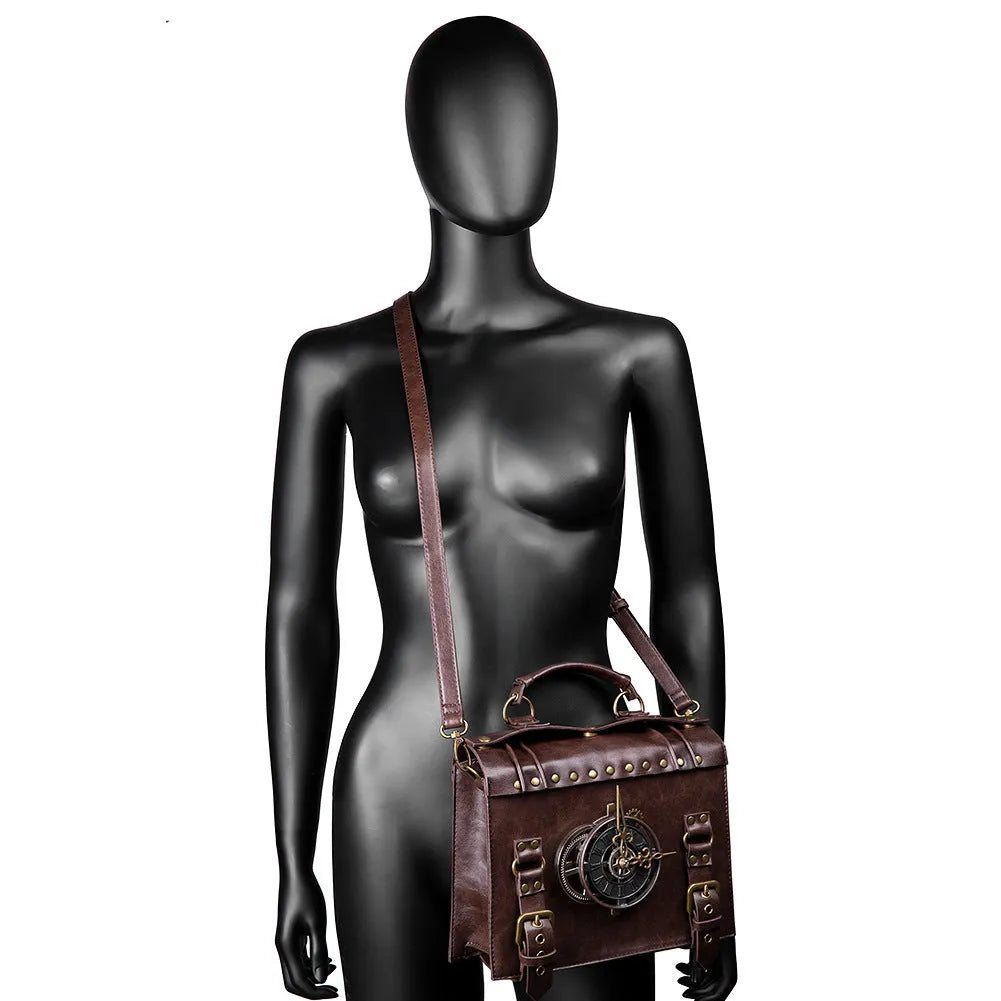 Bronze steampunk industrial retro shoulder bag with metal hardware and square pillow shape.