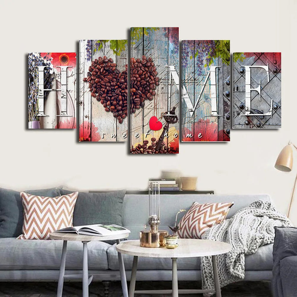 Set of five red oil painting canvases in different sizes for wall decoration