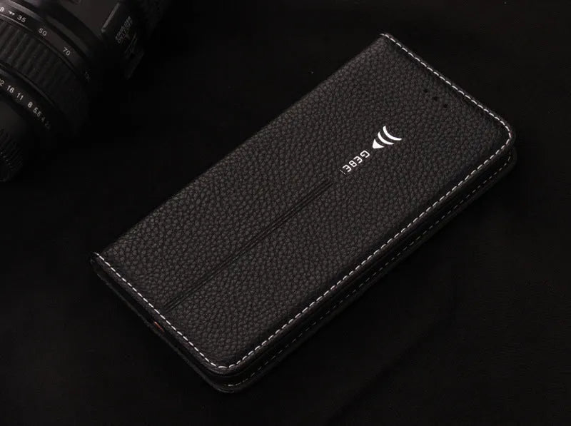 Black PU leather flip wallet phone case for iPhone shown open with card slots visible.