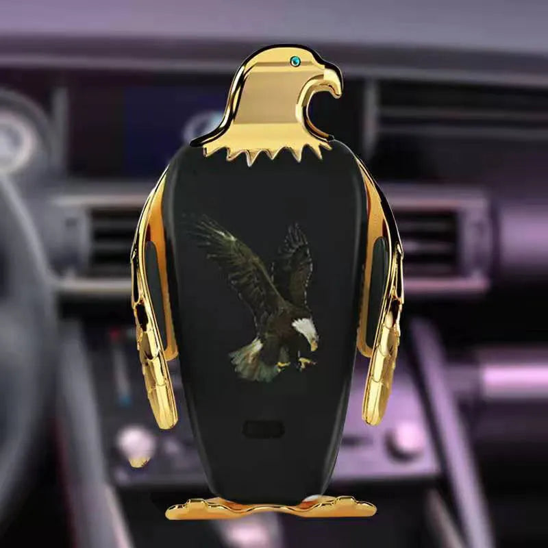 Eagle style wireless charging car phone holder with a suction cup mount in black and gold.