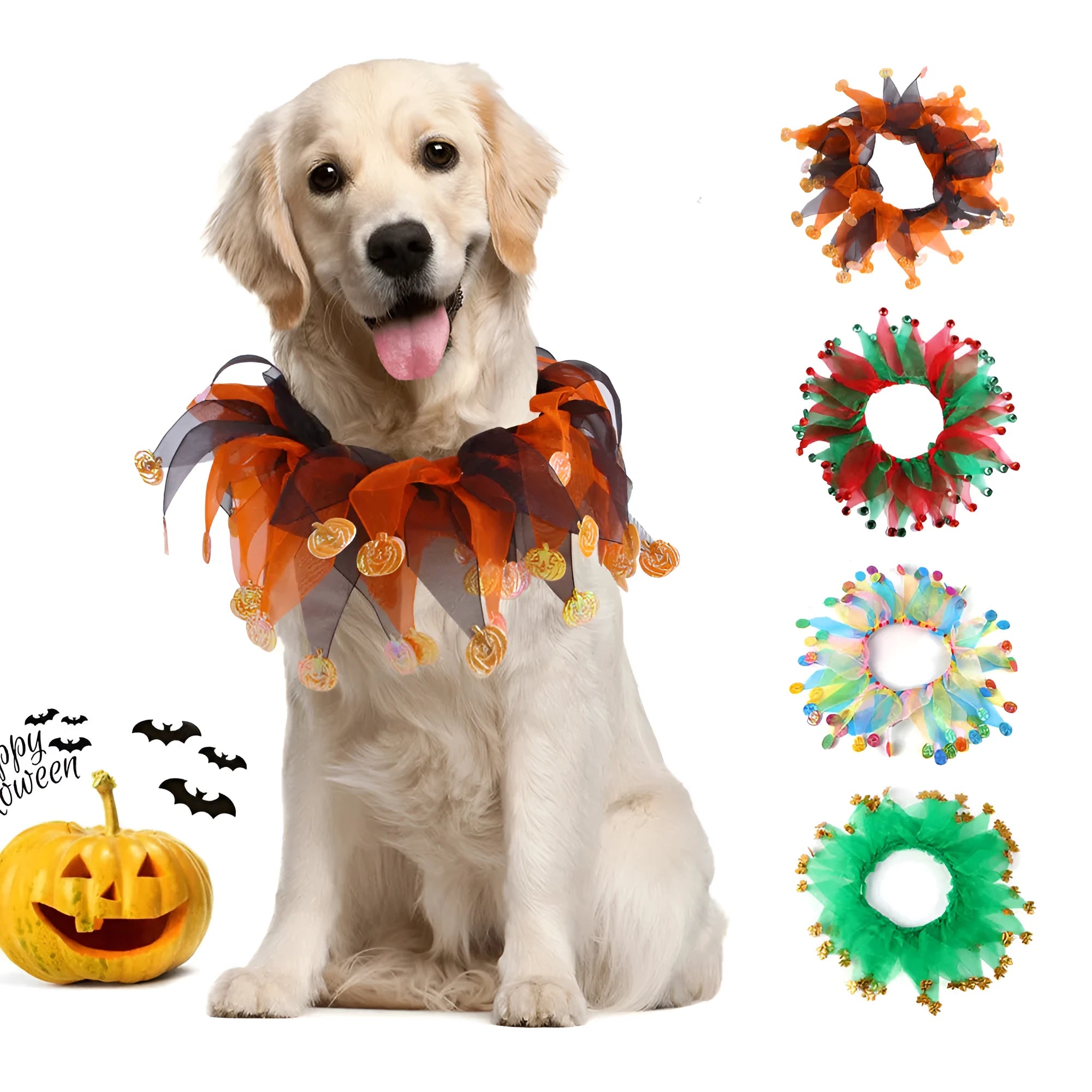 Tie-dye pet dog collar with Christmas and Halloween patterns in colourful blue and green designs