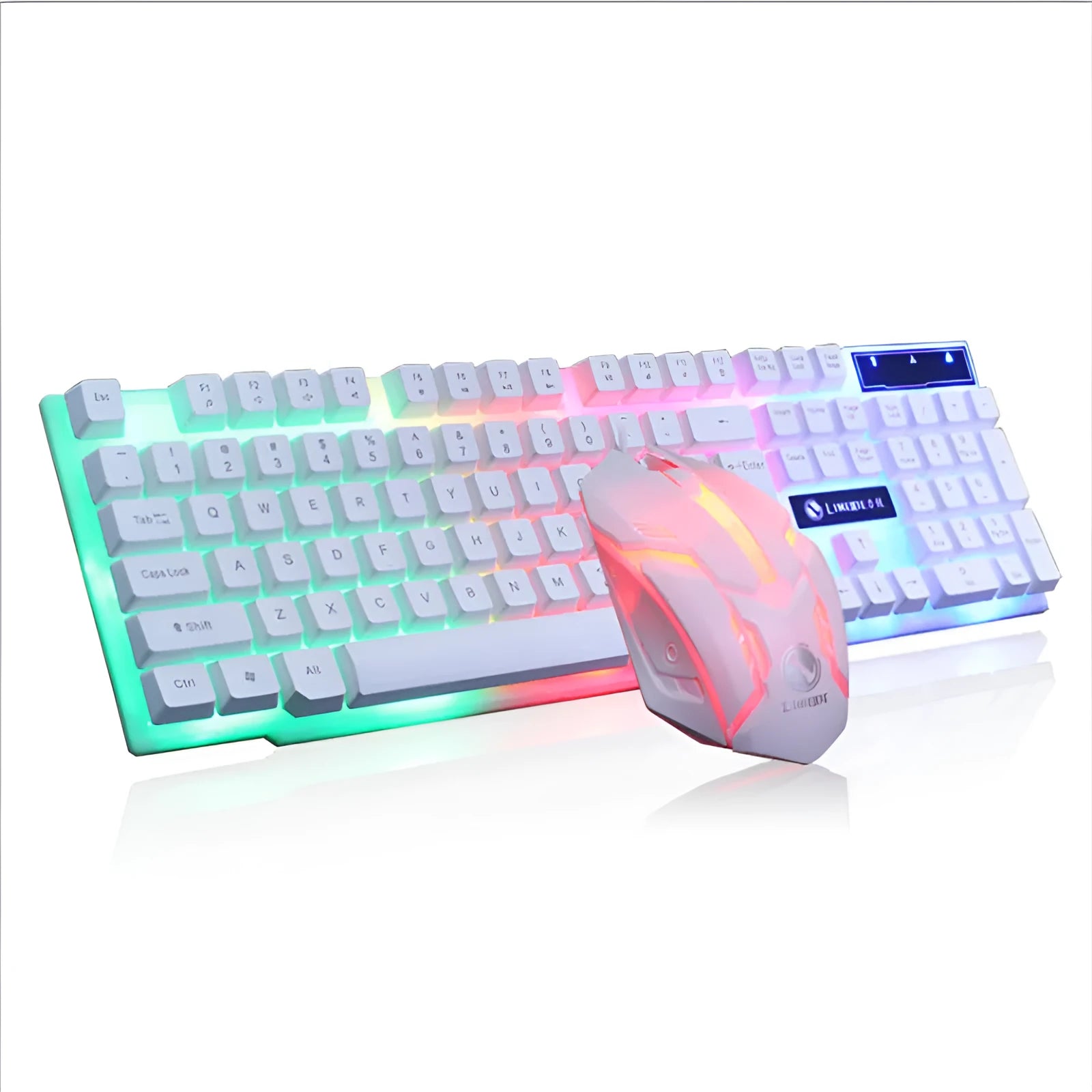 Limei Gtx300 gaming keyboard and mouse set showing backlit keys and multiple colour options