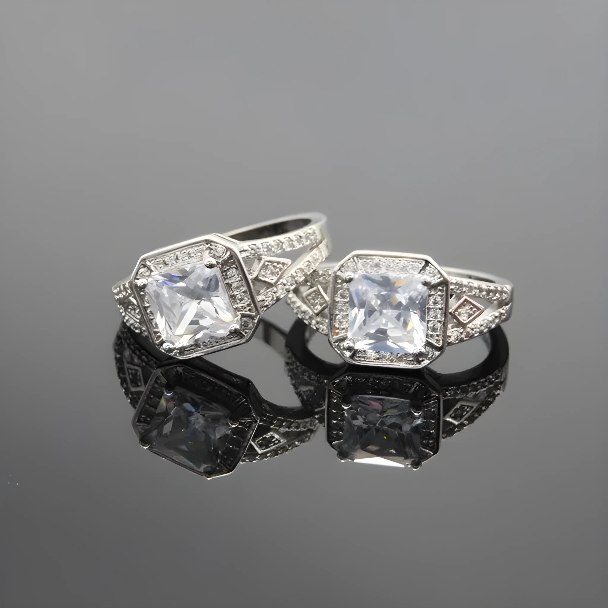 Geometric hollow women's ring with zircon stones in platinum colour