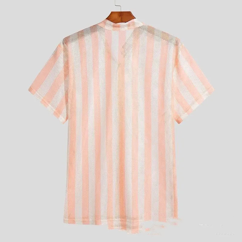 Pink loose fitting men's summer cardigan shirt with waffle cool fabric short sleeves