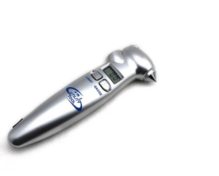 Silver four-in-one digital tire pressure gauge with display, stainless steel hammer, and emergency light on car seat