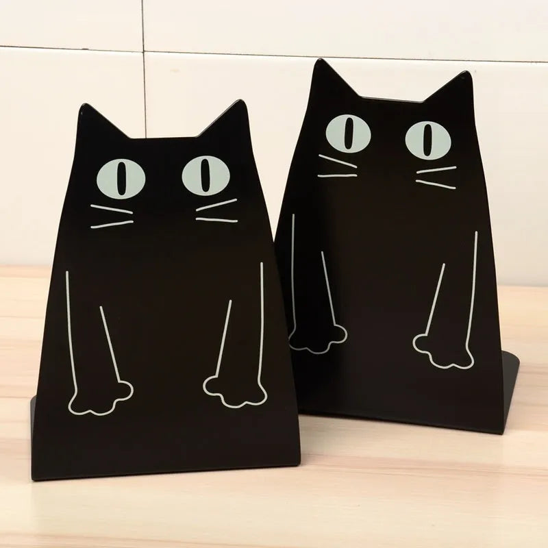 Pair of iron bookends in blue and yellow, each 14 x 20.5 x 10.5cm, on a bookshelf