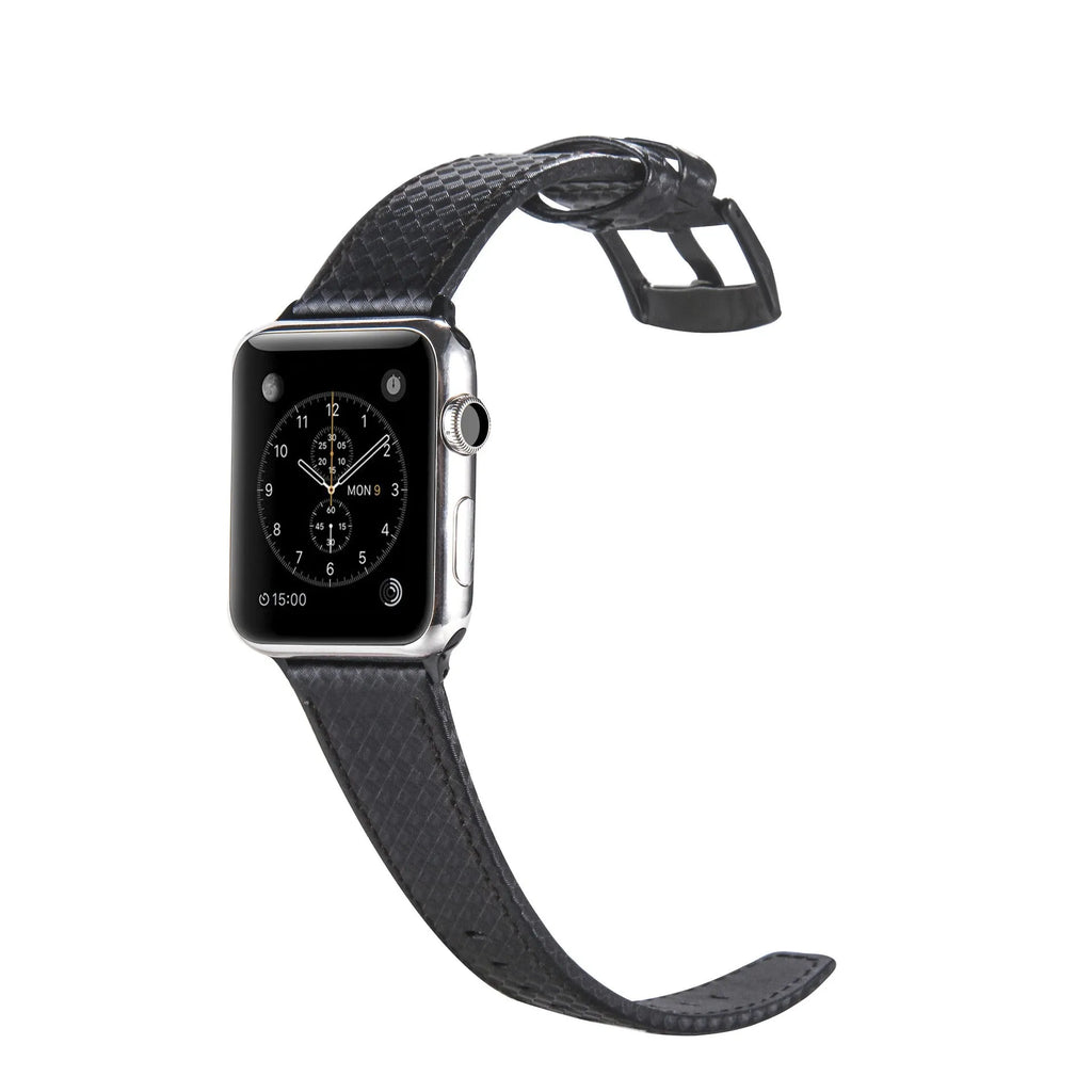 Leather Apple Watch band with carbon fibre pattern case in multiple colour options
