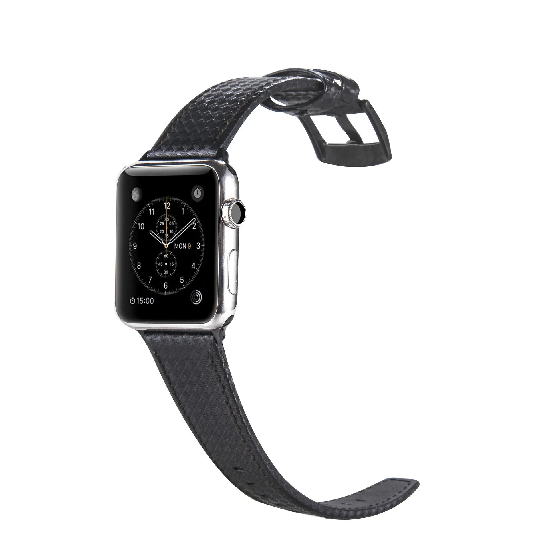 Leather Apple Watch band with carbon fibre pattern case in multiple colour options