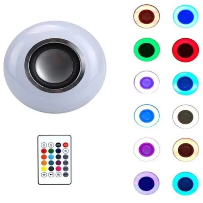 White Bluetooth speaker smart LED bulb with E27 base and remote control.