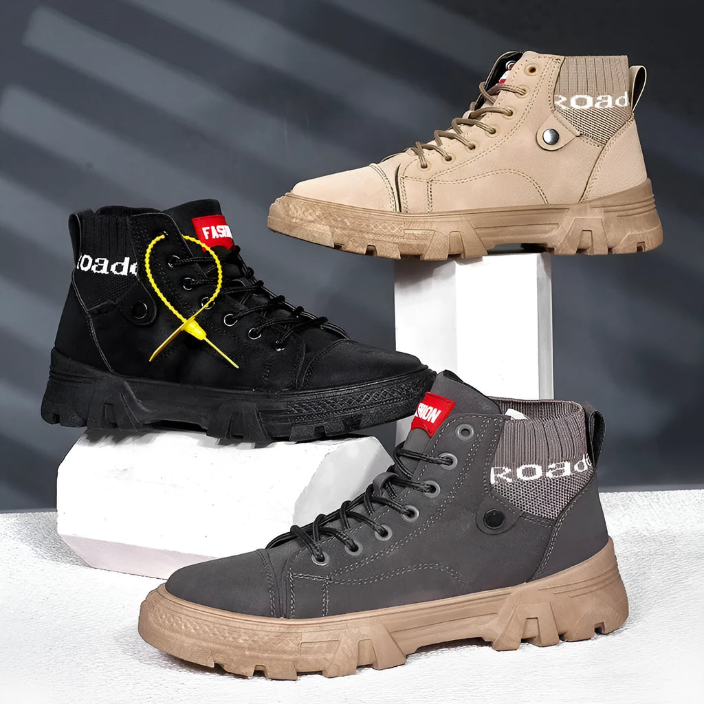 Men's high top Martin boots with square heel, round toe, and car suture detailing in black