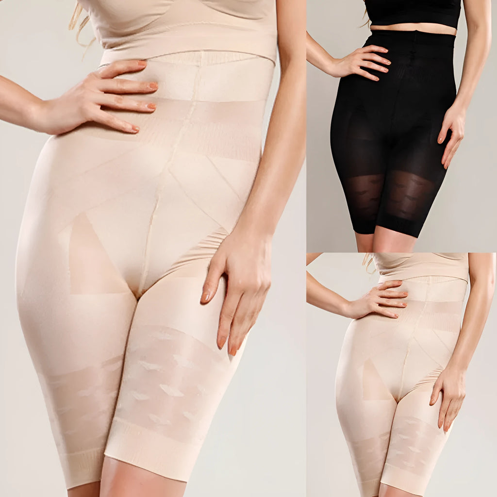 Women's high waist seamless shapewear shorts for tummy control in black and nude.