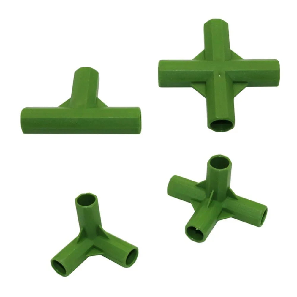 Two white plastic plant stake connectors, one three-way and one four-way, for 11mm garden stakes.