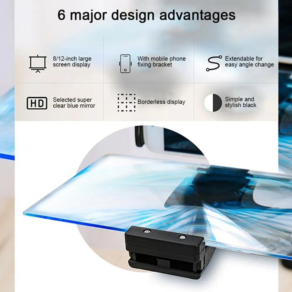 Black mobile phone screen amplifier with 12-inch acrylic lens on adjustable folding bracket