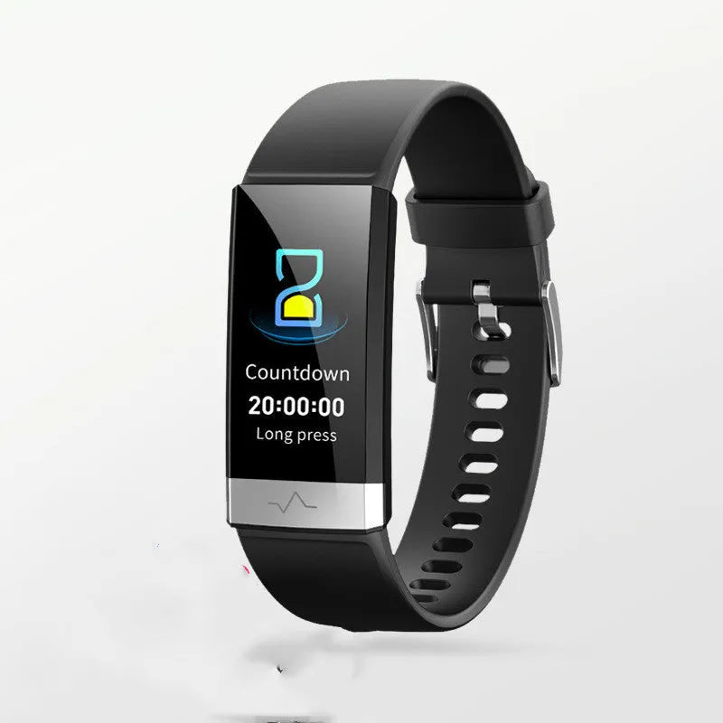 V19 smart fitness bracelet showing colour display with health metrics, available in black blue or red colours