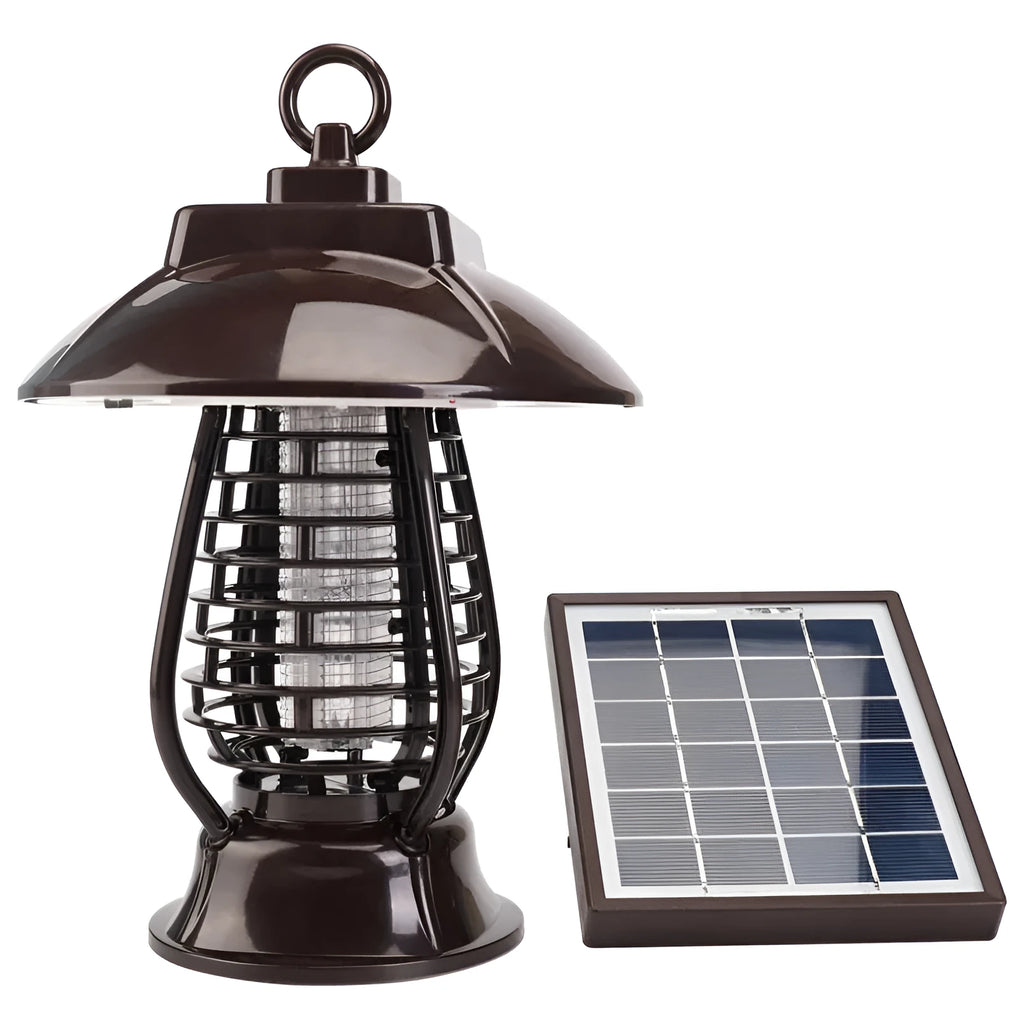 White and purple solar-powered electronic mosquito lamp for outdoor garden use.