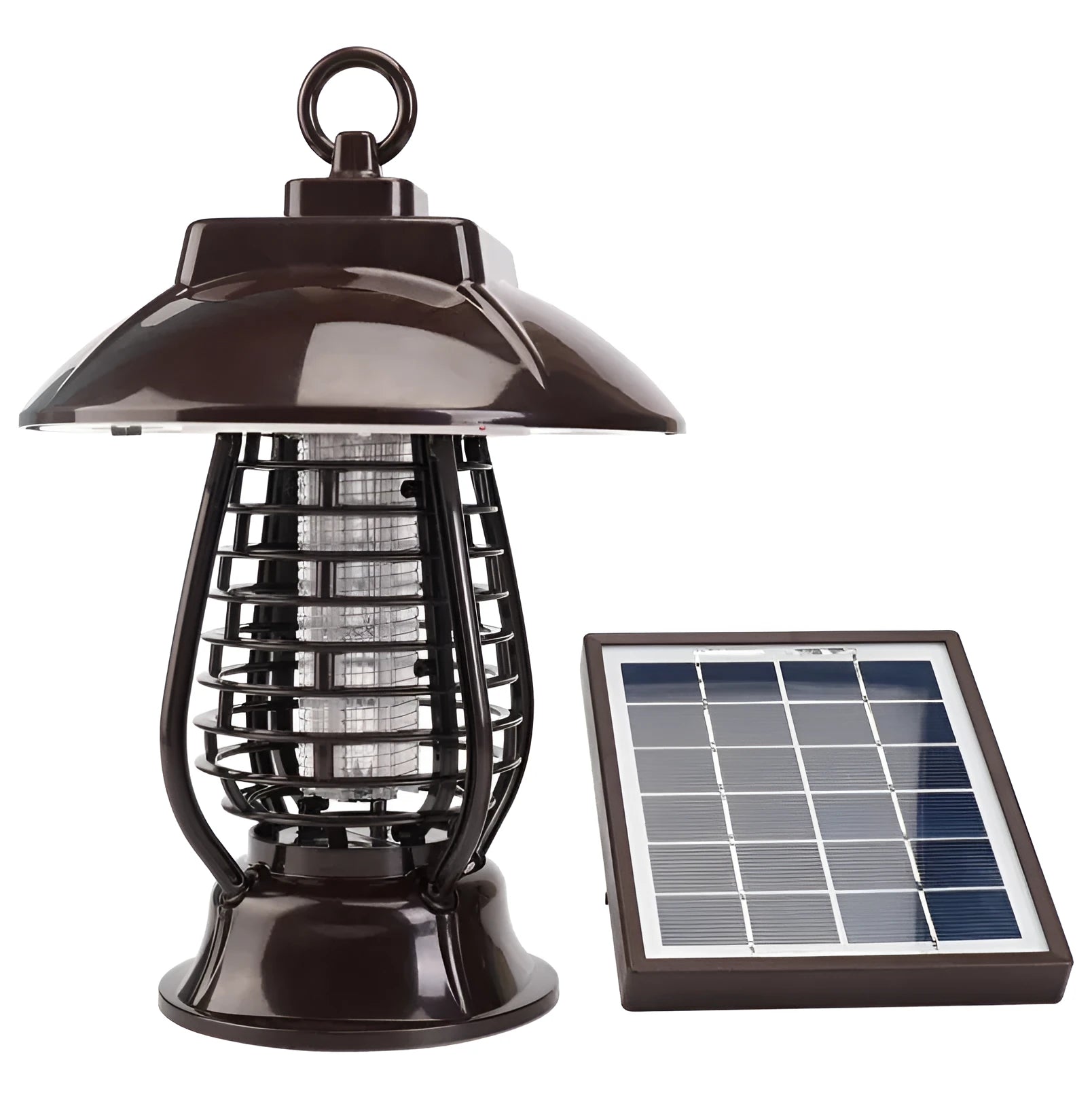White and purple solar-powered electronic mosquito lamp for outdoor garden use.