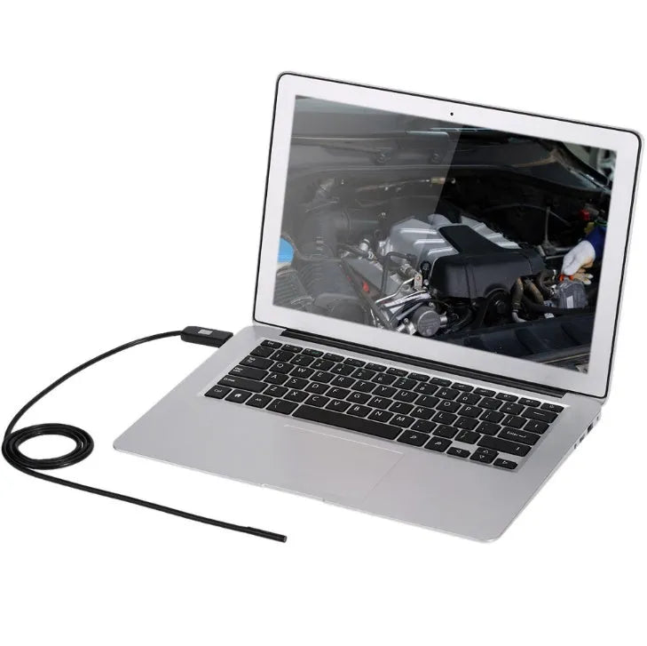 OWSOO USB endoscope camera with 5m cable, 7mm lens, LED lights, magnet, hook and side audition tools.