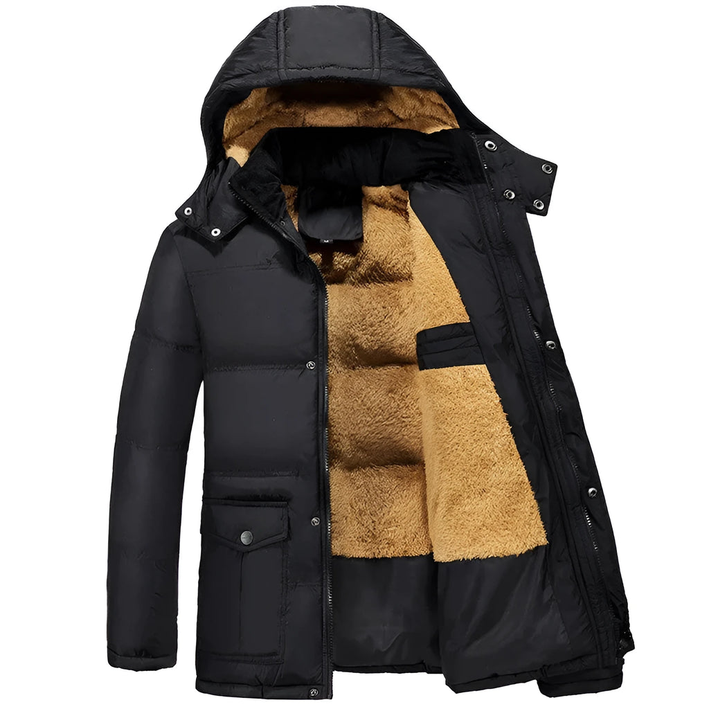 Men's black velvet-padded winter jacket with hood and double-breasted placket in loose fit