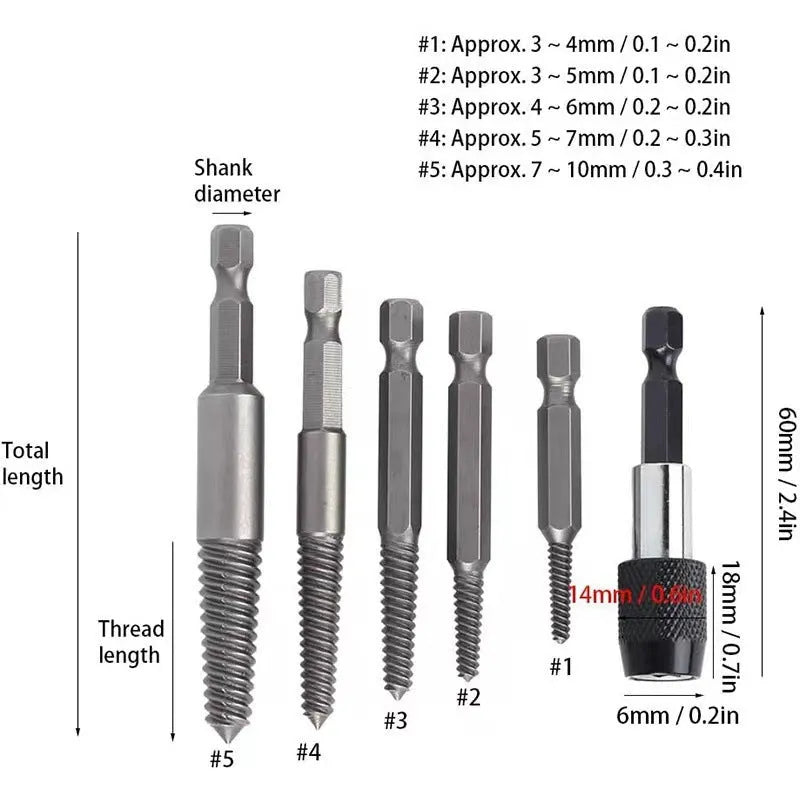 Silver household hexagonal handle screw extractor suit 12 pieces on a wooden surface