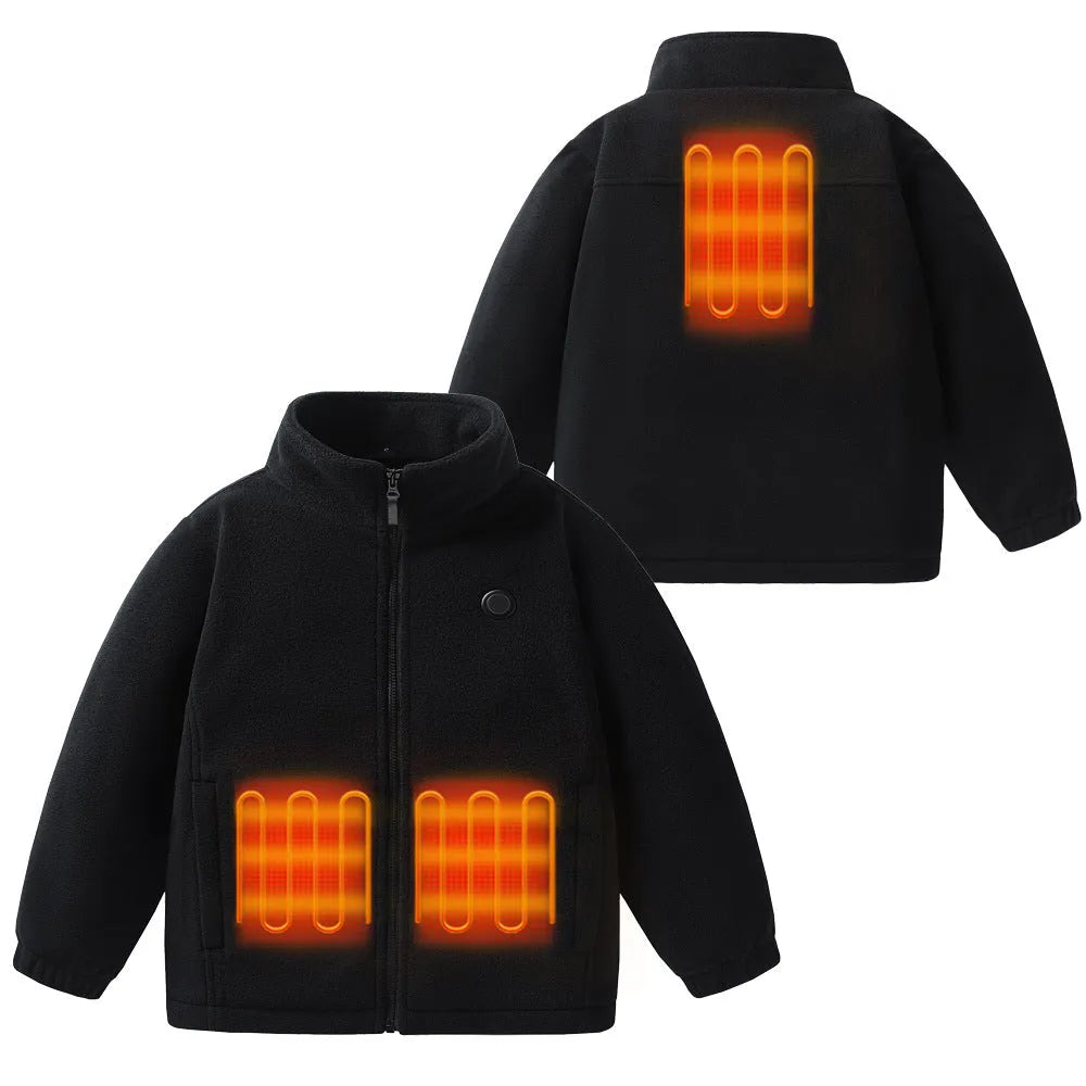 Children's black polar fleece heating jacket with zipper closure on a child