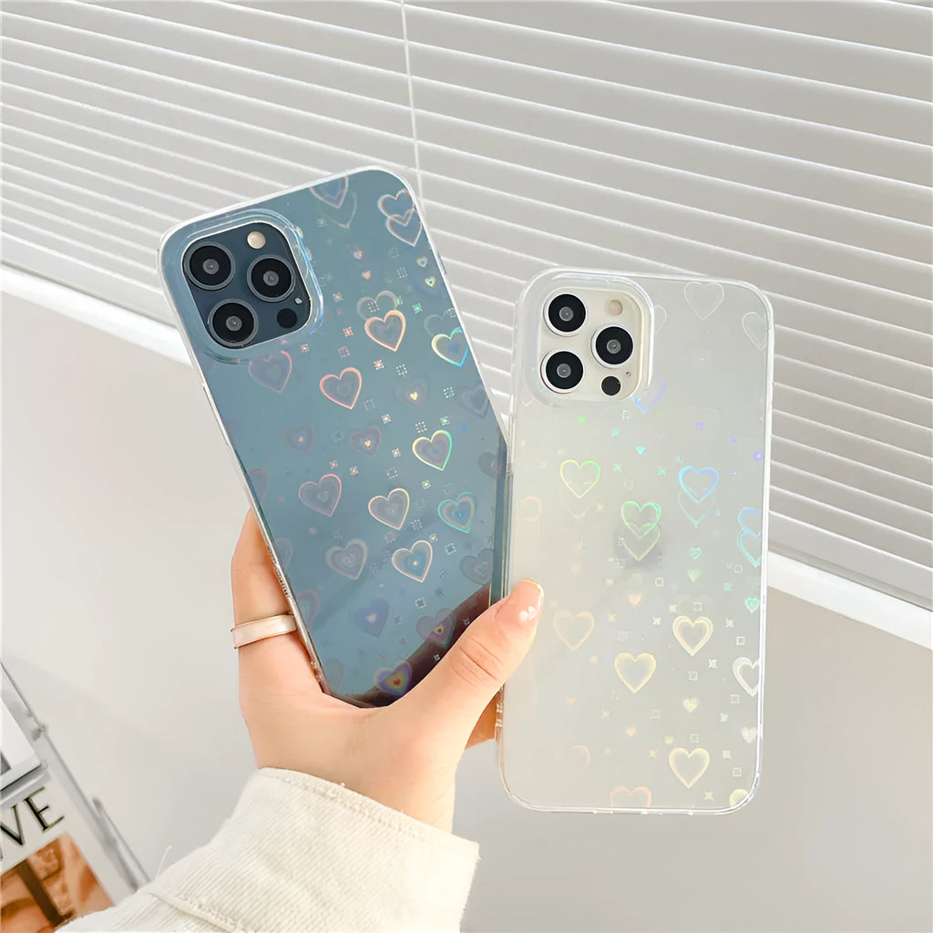 Transparent silicone iPhone case showing laser colourful love heart design on back