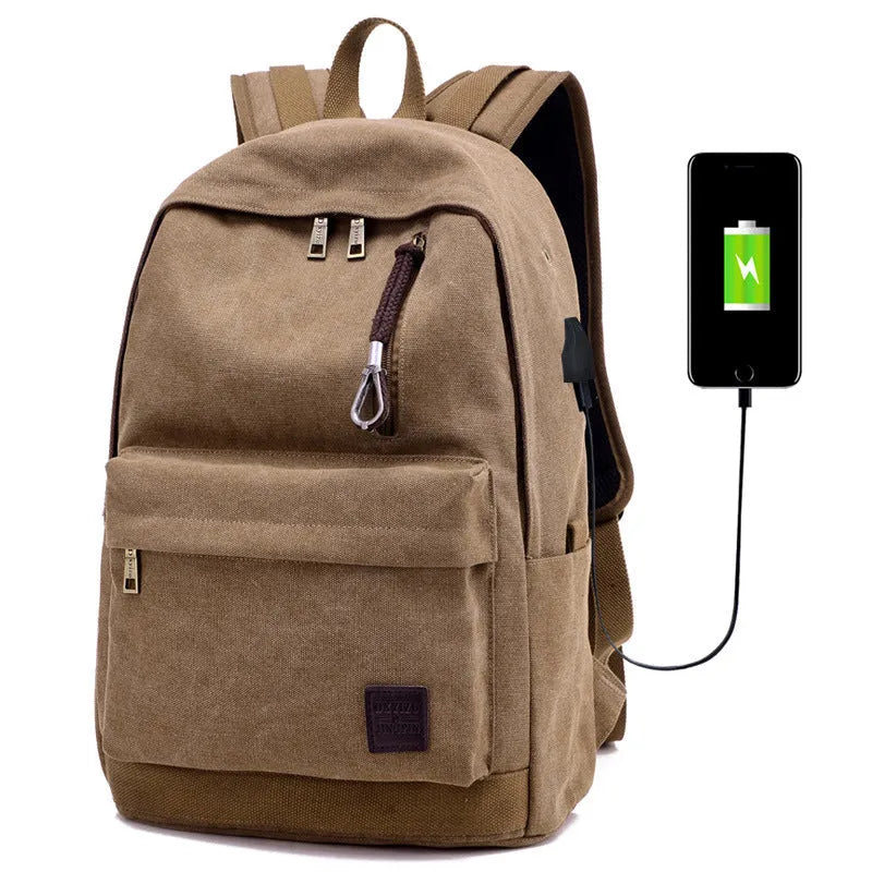 Canvas backpack with USB charging port and laptop compartment in multiple colour options