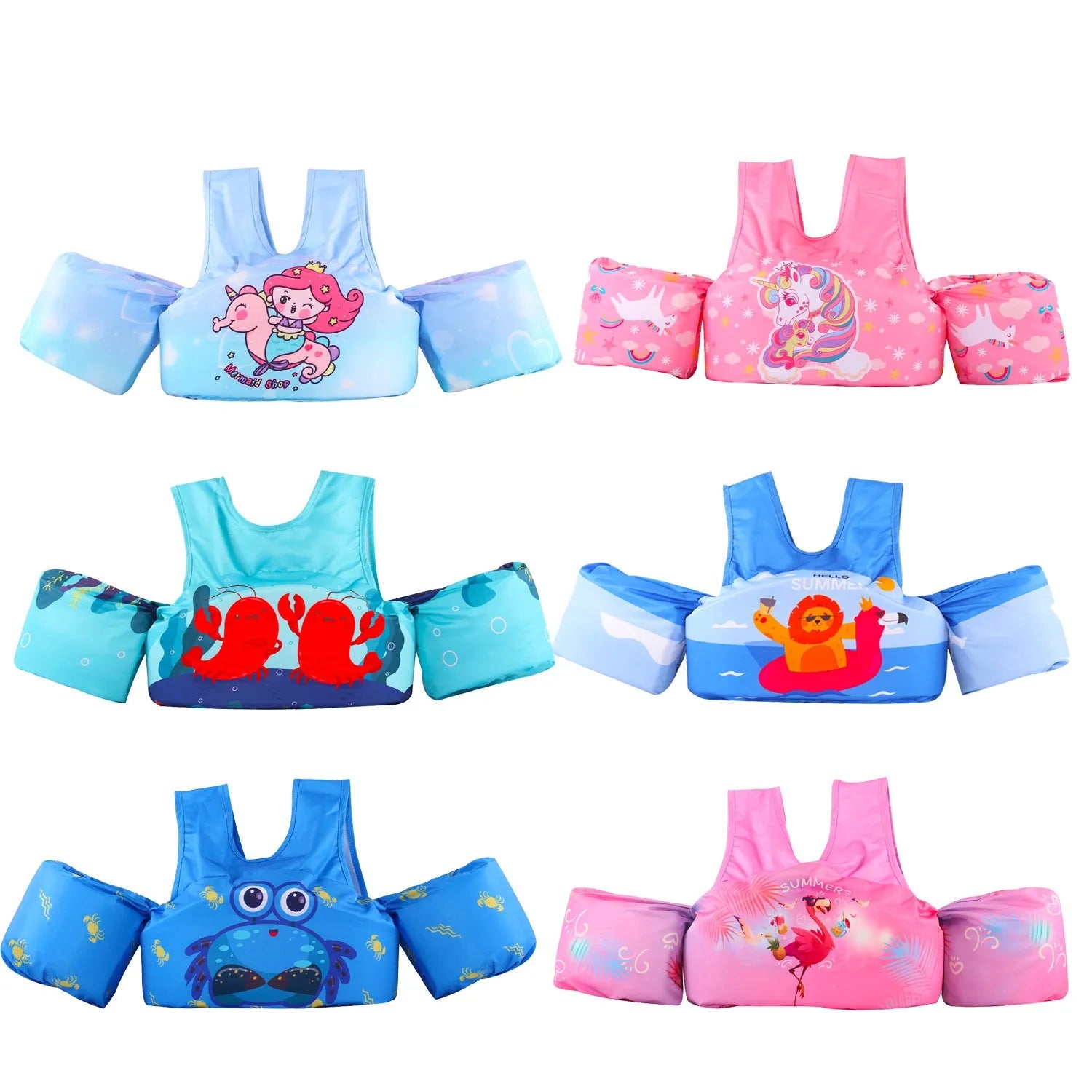 Children's swimsuit with extended arm swimming ring in colourful cartoon designs