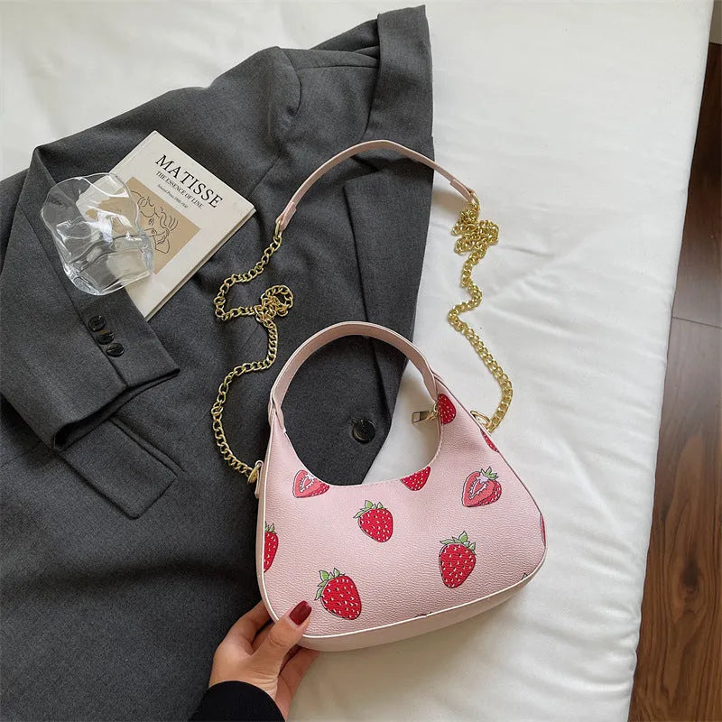 Autumn printed fashion underarm tote bag PU horizontal square with stitching and contrast colour details in black