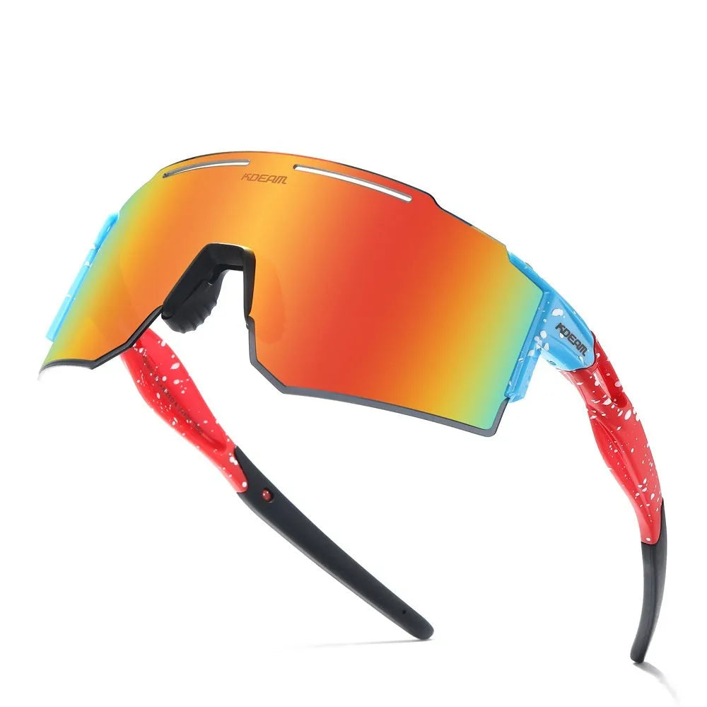 Polarised frameless sports sunglasses with TR90 temples shown in a colour option, resting on a surface.