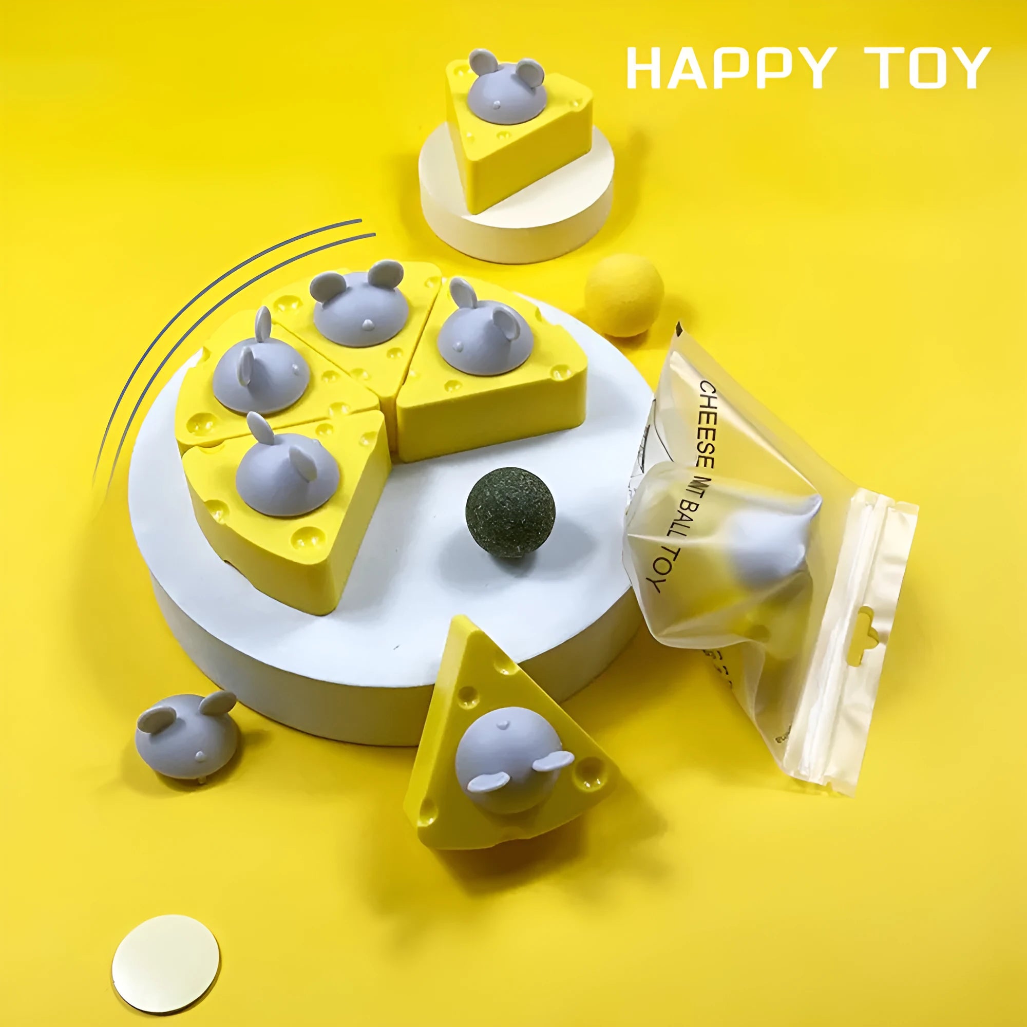 Yellow cheese-shaped catnip toy balls with silvervine chew sticks for cats