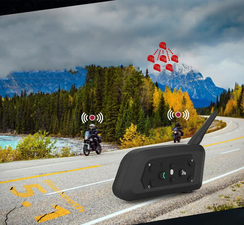 Motorcycle helmet Bluetooth intercom V6 Pro unit with headphone, mounting clip, and charging cable