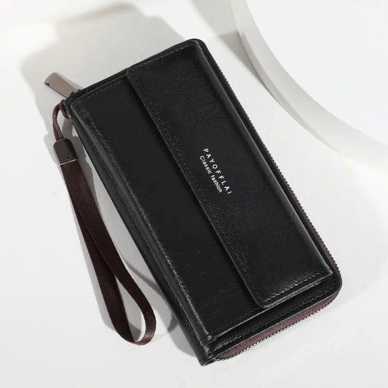 Men's black PU leather wallet with multiple card slots showing 19 cm length