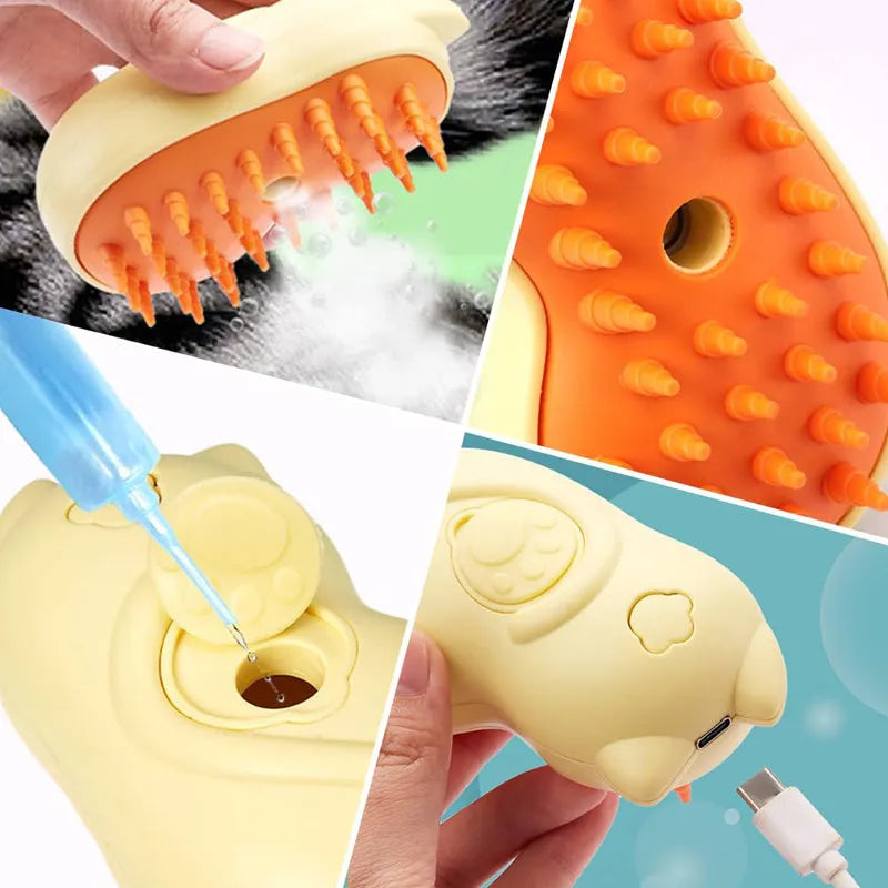 3-in-1 steamy pet grooming brush with ergonomic handle for cats and dogs