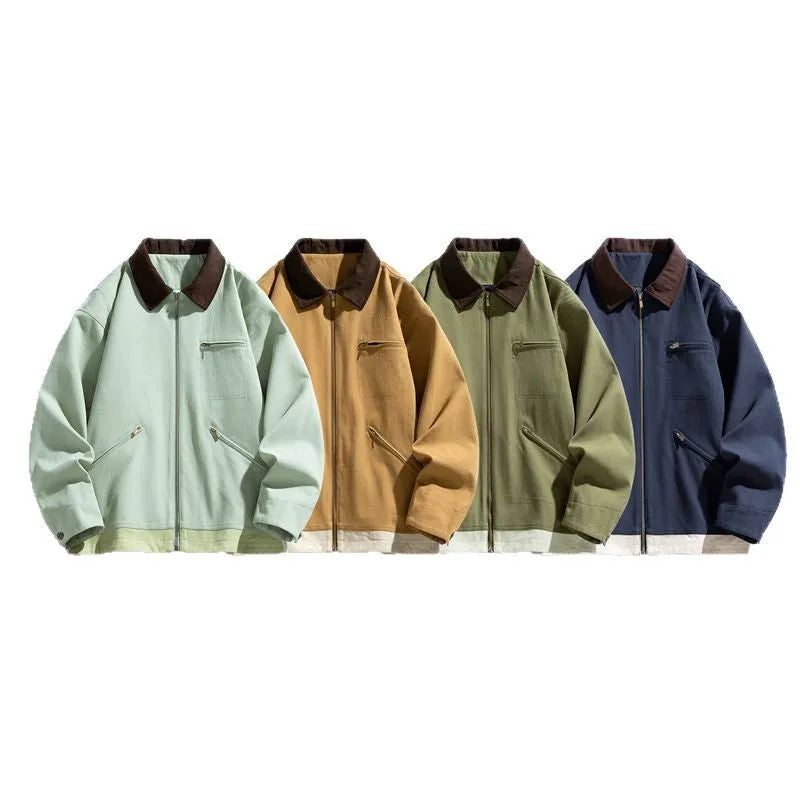 Korean style men's loose fit autumn jacket with contrast colour lapels and side seam pockets