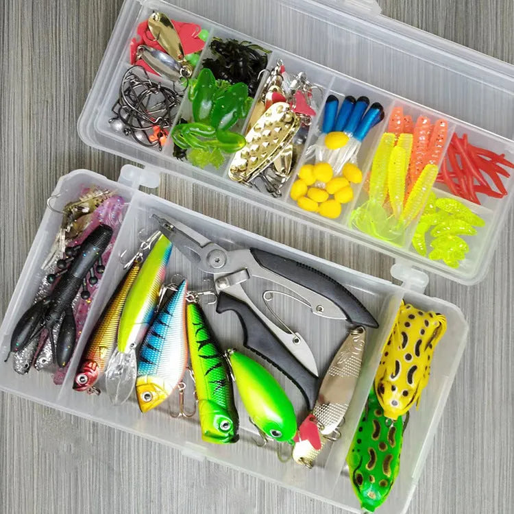 142-piece fishing lure set with metal and plastic baits including hard mino sequins and fishing pliers