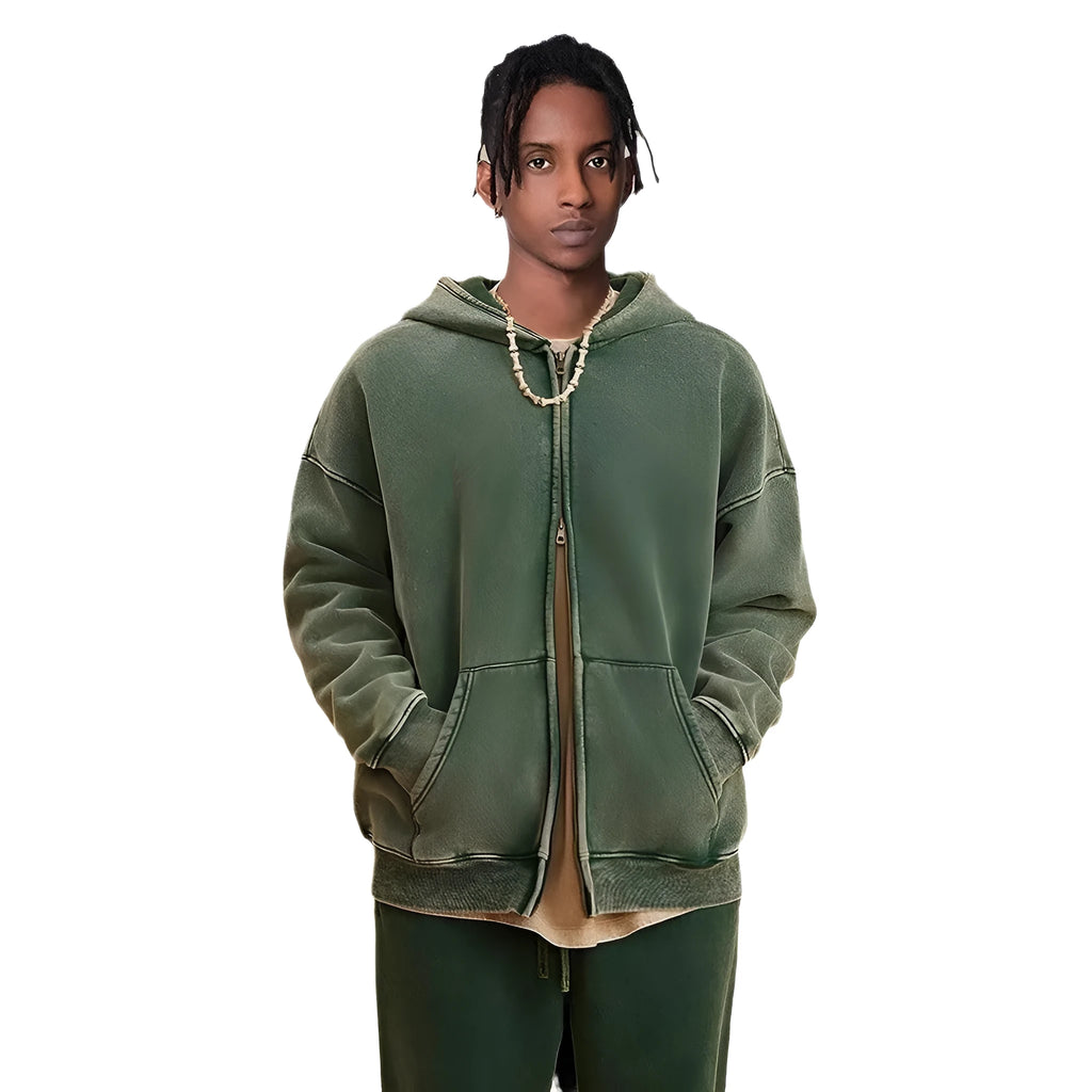 Man's washed cotton hooded cardigan with fleece lining and a double front zipper.