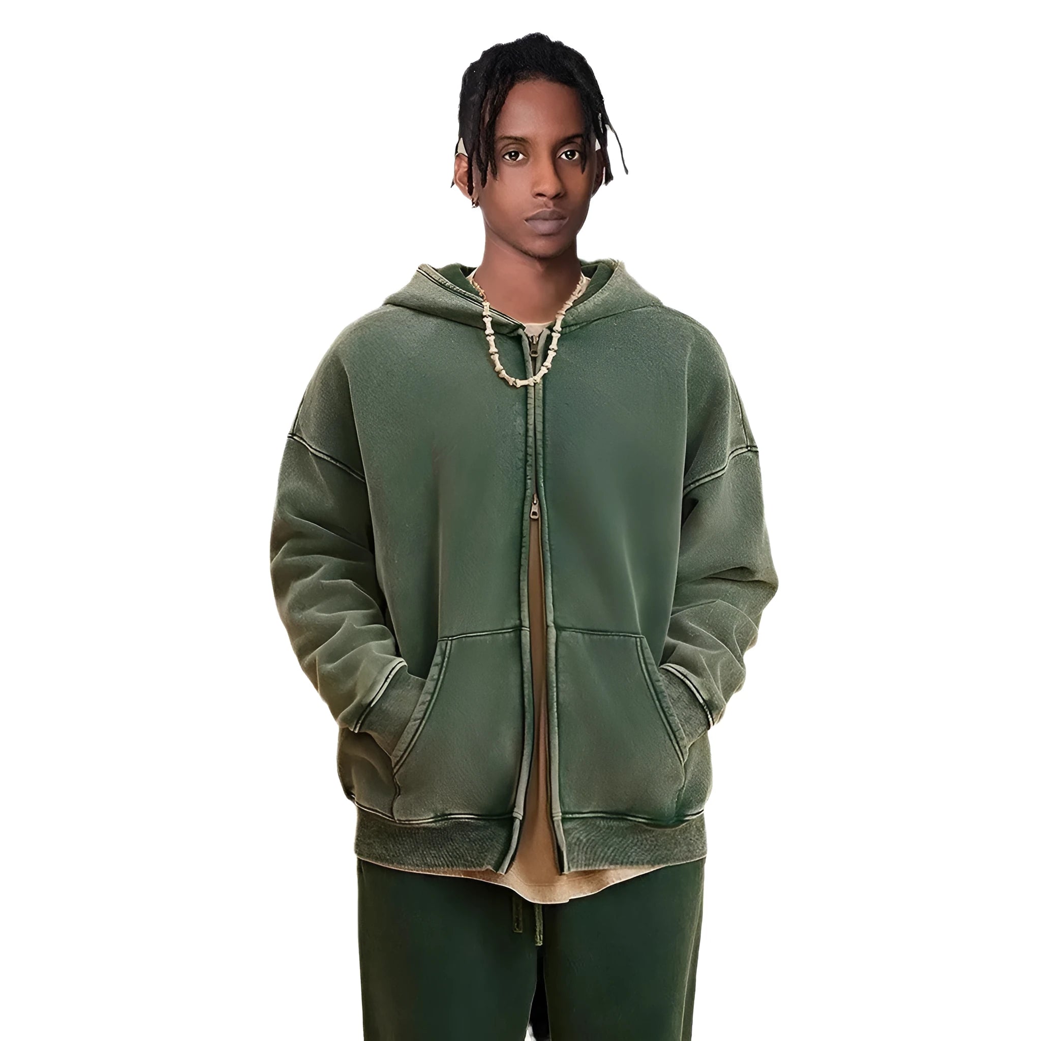 Man's washed cotton hooded cardigan with fleece lining and a double front zipper.