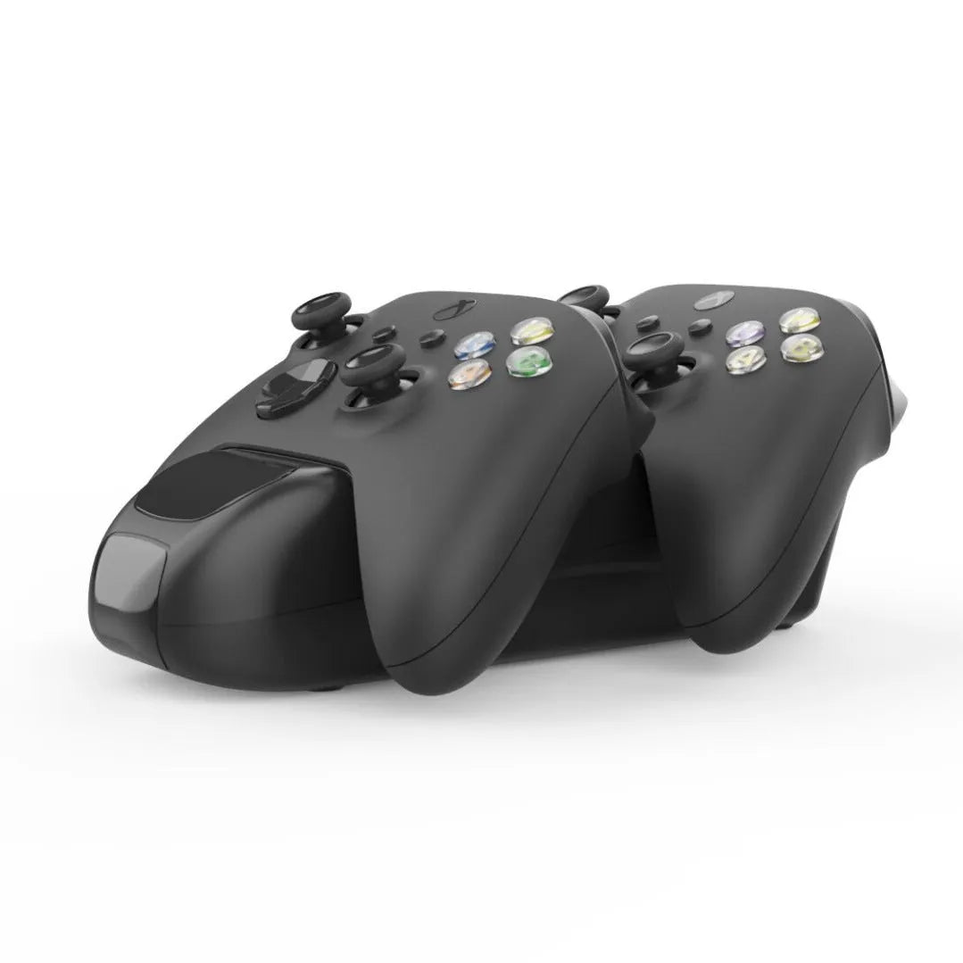 Black dual charging dock for Xbox Series X controllers with two battery packs and LED lights