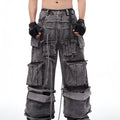 Grey distressed denim men's overalls with rope stitching detail on the front